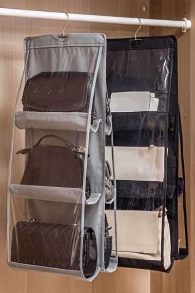 Organizery szary i czarny wiszące w szafie