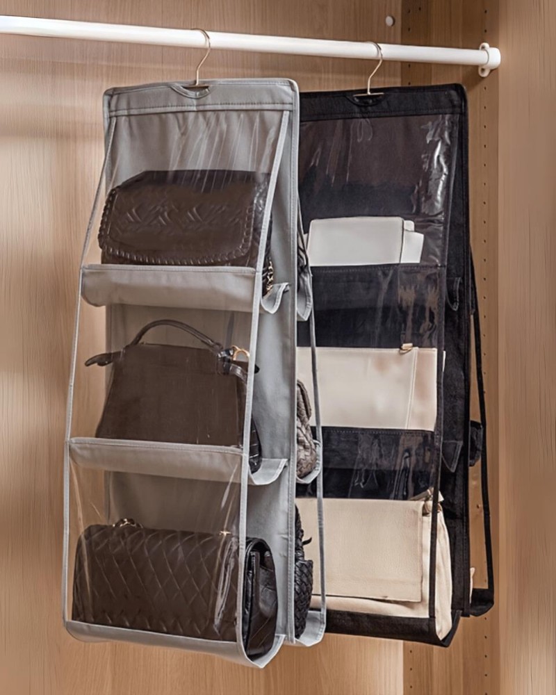 Organizery szary i czarny wiszące w szafie