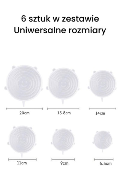 Pokrywki silikonowe uniwersalne na garnek 6 szt zawartość zestawu i wymiary