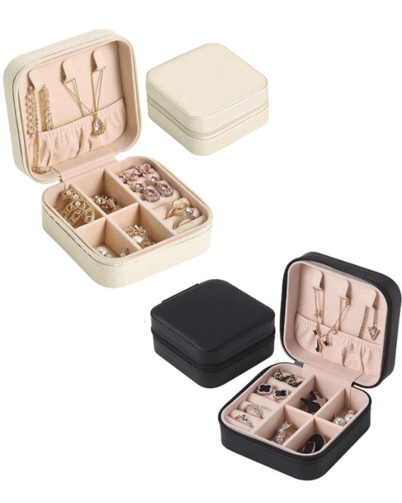 Szkatułka kuferek organizer na biżuterię podróżna 10 cm x 10 cm biała i czarna