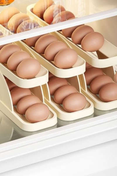 Pojemniki na jajka z jajkami na półce w lodówce
