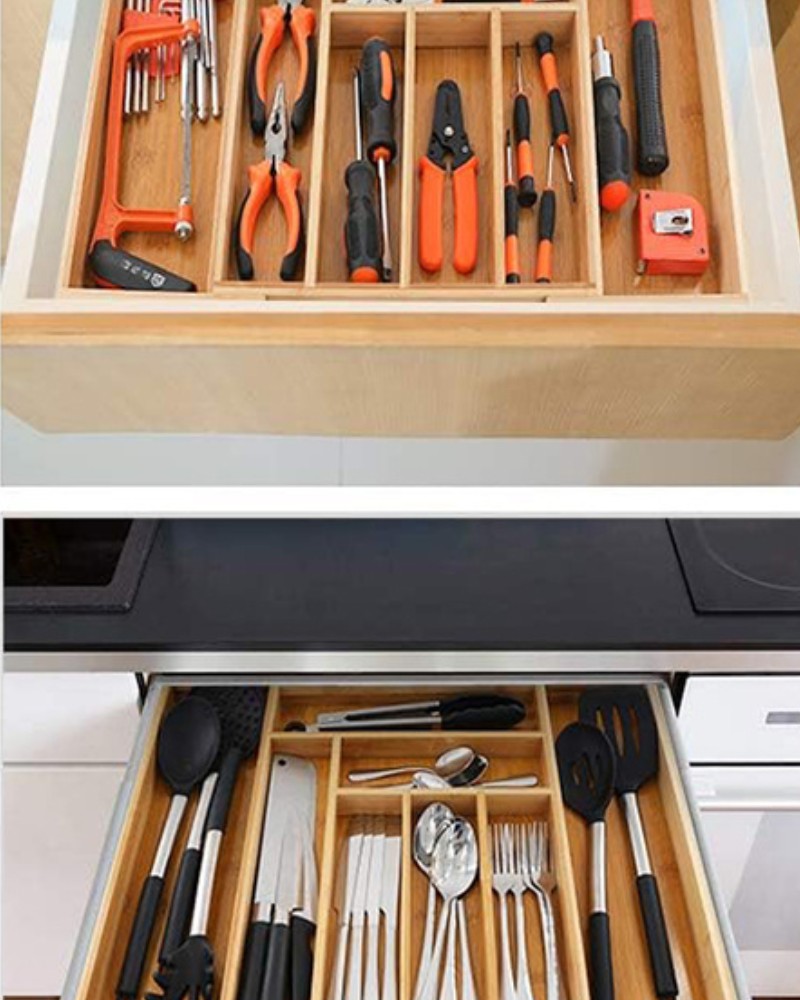 Wkład do szuflady organizer kuchenny na sztućce bambusowy 8 przegródek xl