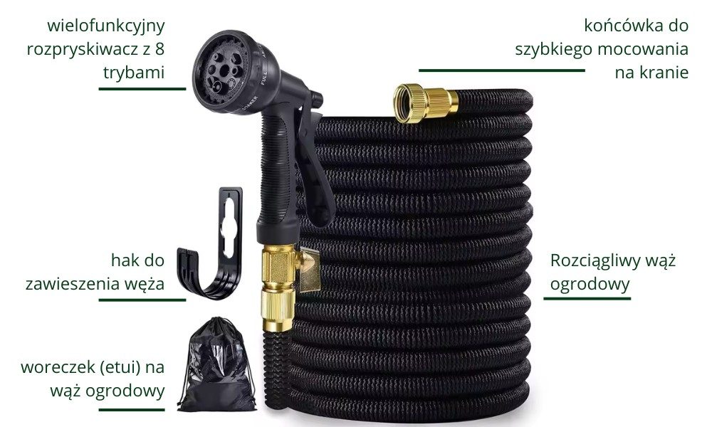 Wąż ogrodowy rozciągliwy 15m złączki pistolet hak